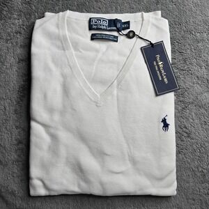 NWT Polo Ralph Lauren V-Neck Pima Sweater Mens XXL White Cotton L/S Navy Pony